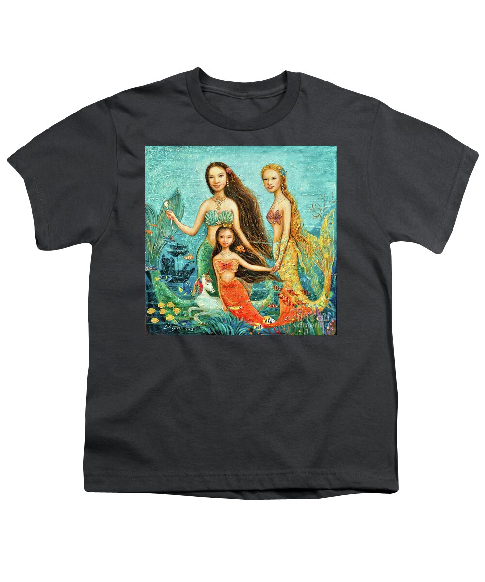 Mermaid Youth T-Shirt featuring the painting Mermaid Sisters by Shijun Munns