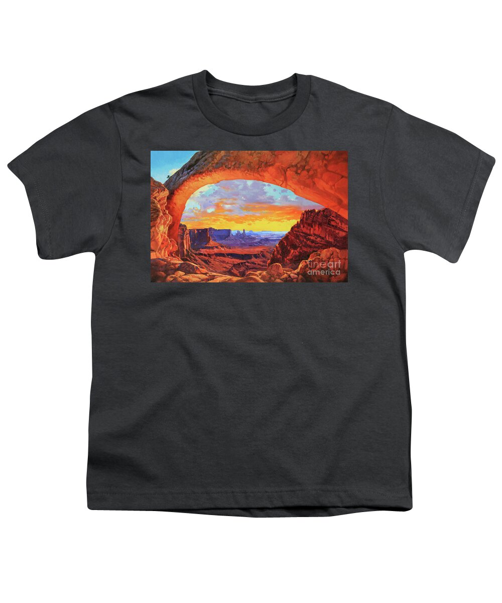 Mesa Arch Sunrise Canyonlands National Park Moab Utah Landscape Mountains Nature Southwest Sun Rise Southern South West Canyon Rock Stone Formation Glows Red Sun Burst Utah's National Park Artist Gary Kim Large Wall Canvas Print Oil Painting Mural Art Red Brown Desert Arid Butte Dawn Morning Remote Beauty Sunburst Rays Sunlight Glowing Rocks Nature Impressionist Traditional Realist Valley Warm Arches Canvas Print Framed Print Poster Metal Prints Acrylic Print Wood Print Greeting Card Sticker Youth T-Shirt featuring the painting Mesa Arch Sunrise 1 by Gary Kim