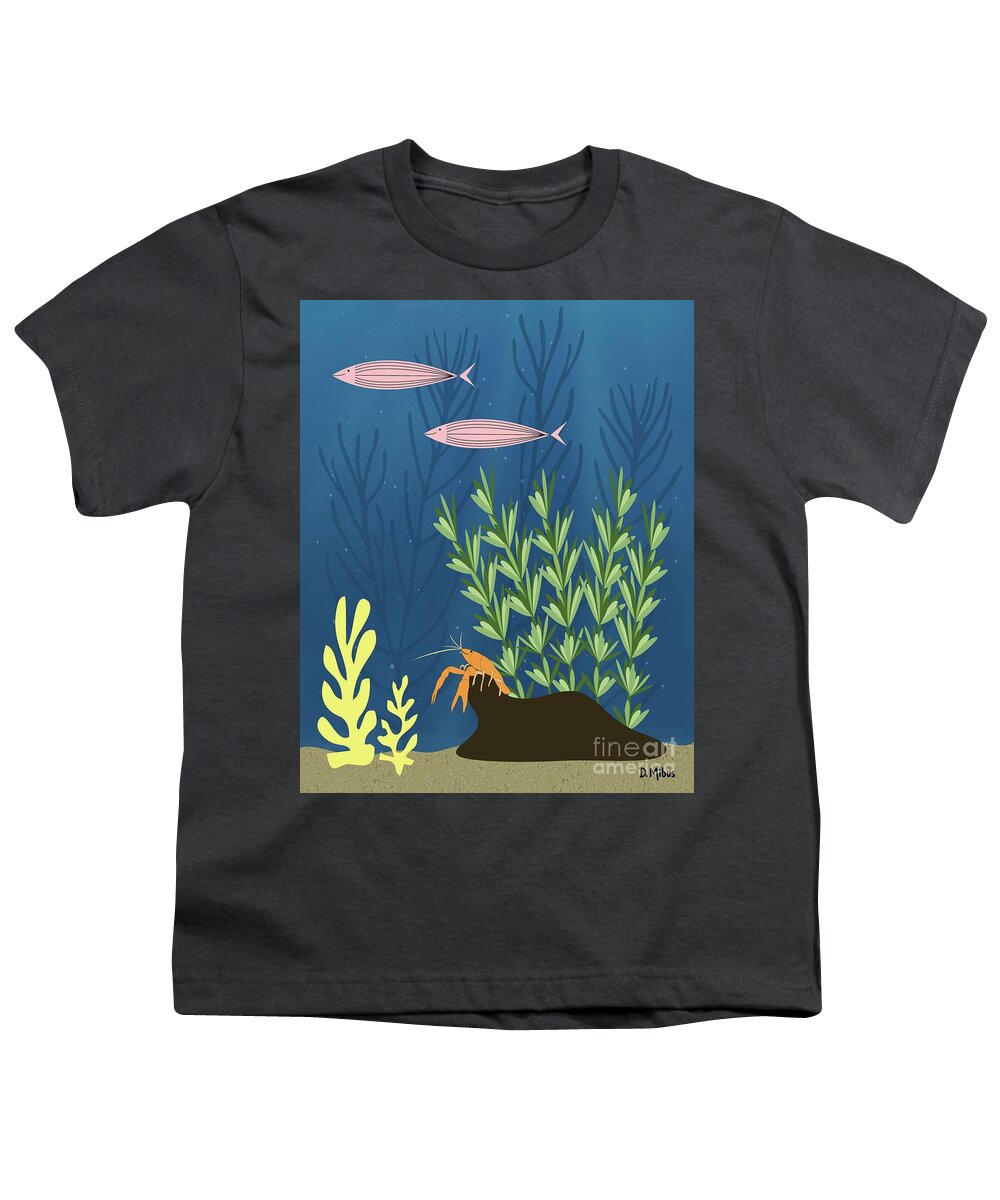 Mid Century Youth T-Shirt featuring the digital art Mid Century Aquarium with Lobster by Donna Mibus