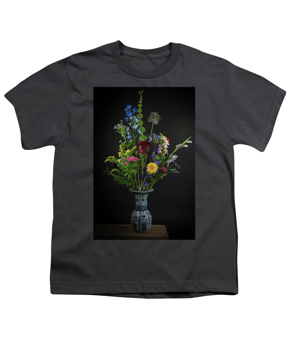 Modern Still Life Youth T-Shirt featuring the photograph Modern still life floral splendor in Delft blue by Marjolein Van Middelkoop