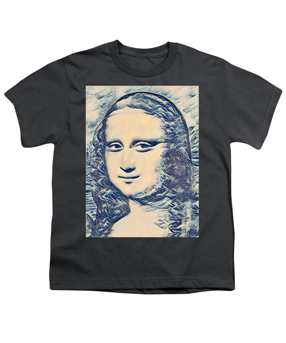 Mona Lisa Youth T-Shirt featuring the digital art Mona Lisa in the style of the Great Wave off Kanagawa - digital recreation by Nicko Prints