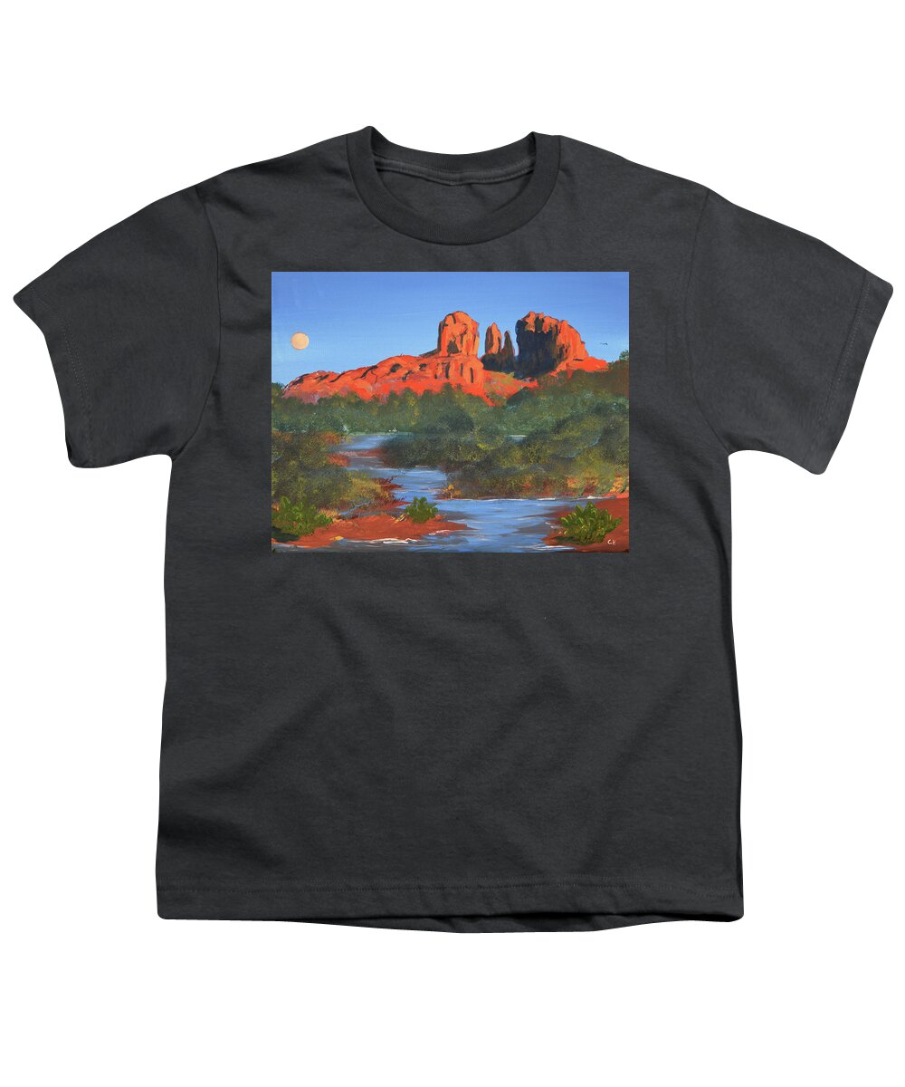 Cathedral Rock Youth T-Shirt featuring the painting Moonrise over Cathedral Rock, Sedona by Chance Kafka