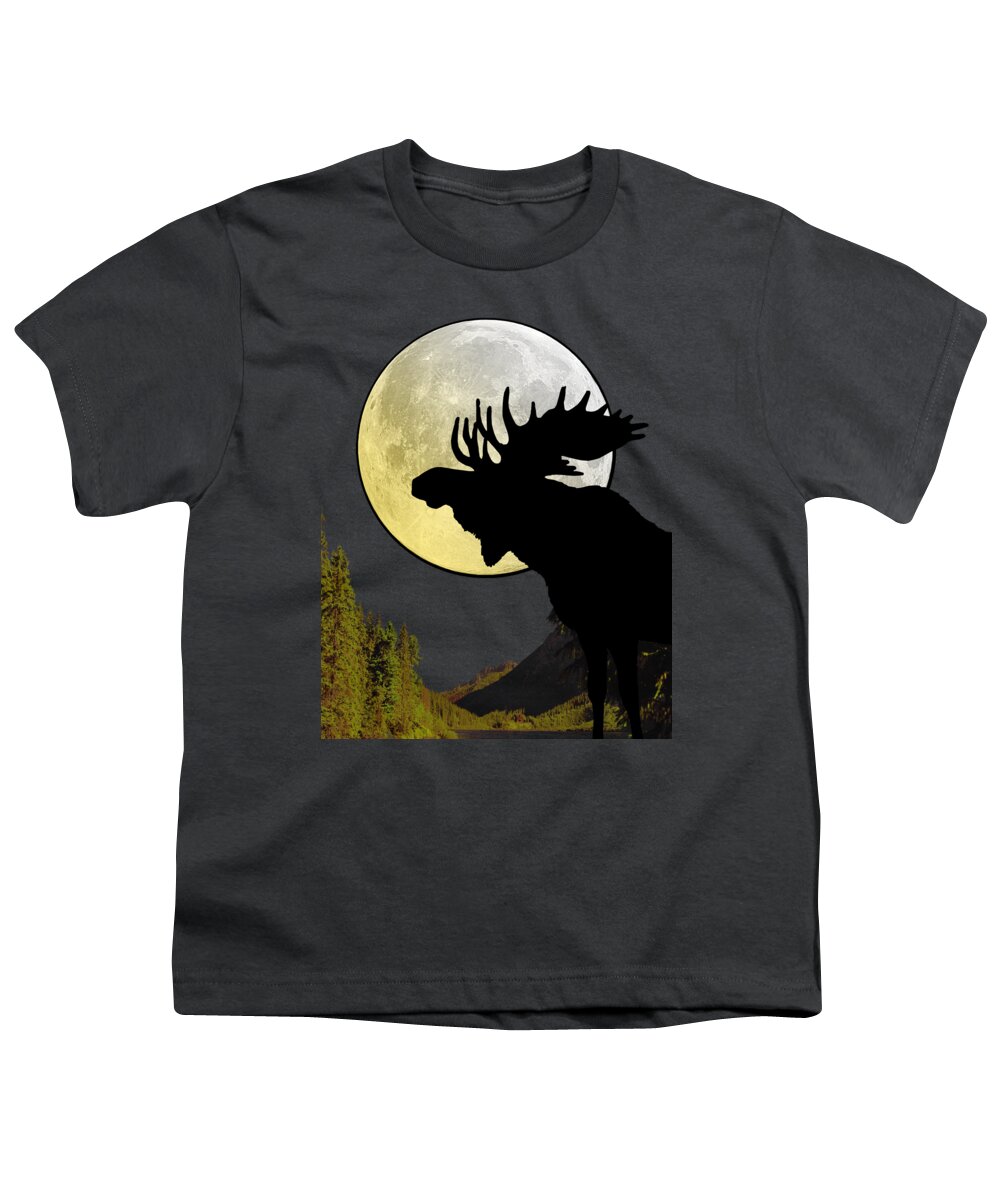 Moose Youth T-Shirt featuring the digital art Moose in the moonlight by Madame Memento