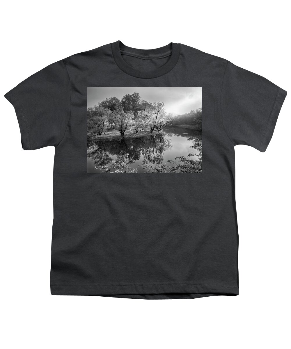 Black Youth T-Shirt featuring the photograph Morning Reflections on the River Black and White by Debra and Dave Vanderlaan