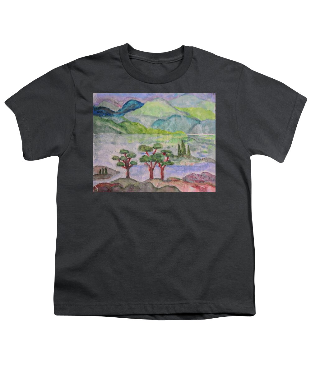 Watercolor Painting Youth T-Shirt featuring the painting Mountain Landscape Watercolor by Cathy Anderson