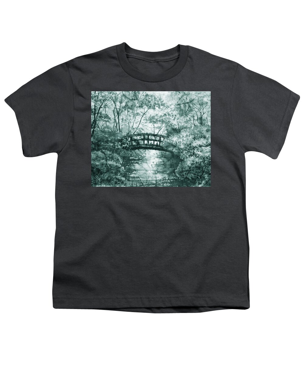 Gray Pond Youth T-Shirt featuring the painting Mystic Pond With Bridge Watercolor Garden In Gray by Irina Sztukowski