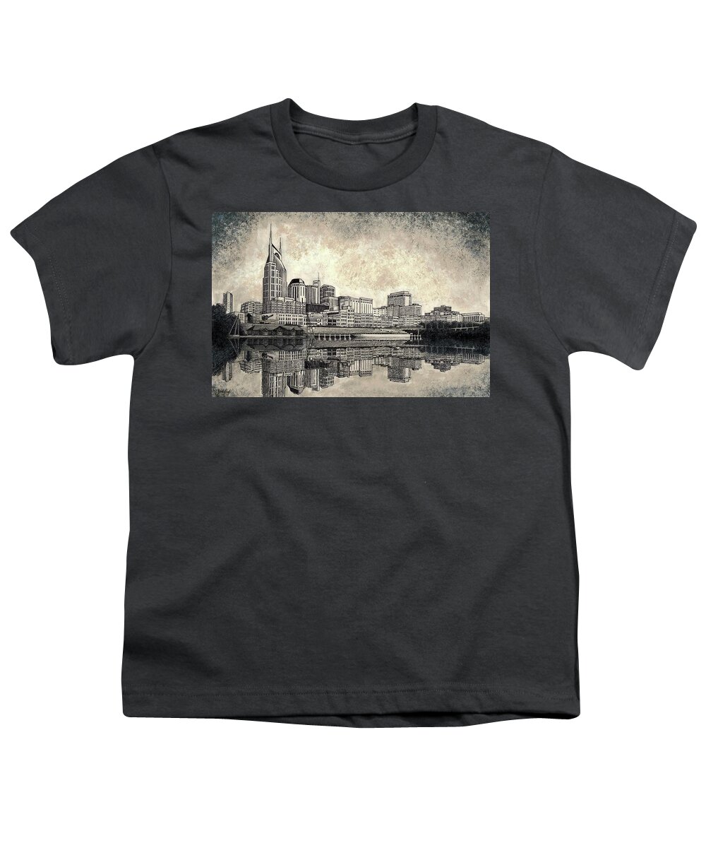 Nashville Skyline Art Youth T-Shirt featuring the drawing Nashville Skyline II by Janet King