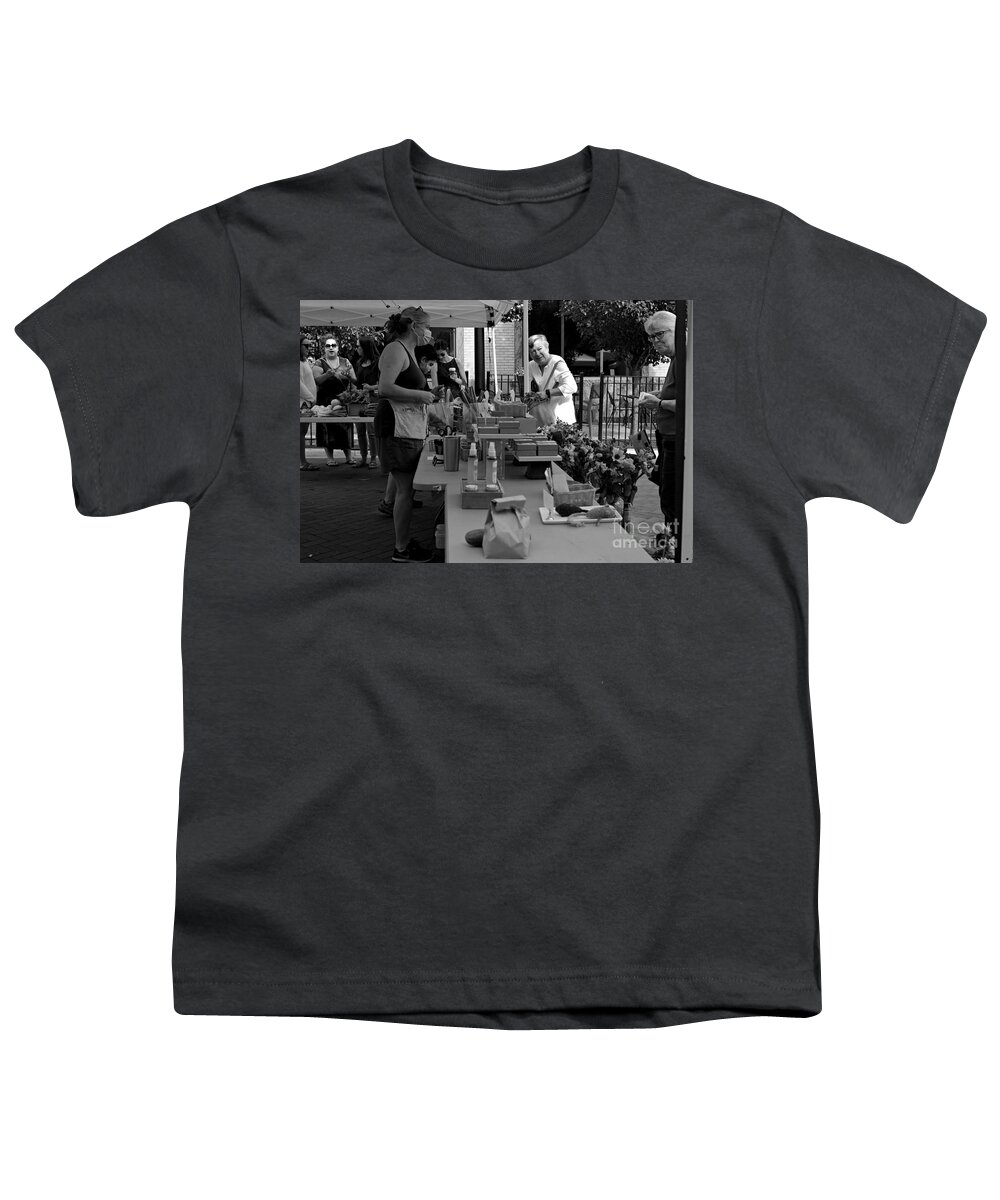 People Youth T-Shirt featuring the photograph Neighborhood Farmers Market - Black and White - Frank J Casella by Frank J Casella