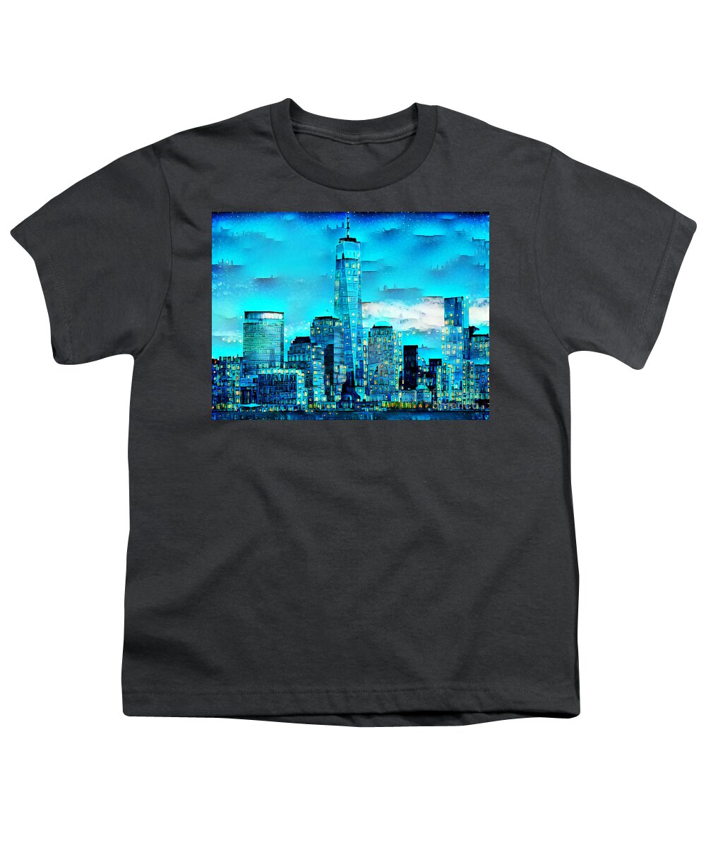 Wingsdomain Youth T-Shirt featuring the photograph New York Lower Manhattan One World Trade Center City Light Blues 20200804 by Wingsdomain Art and Photography