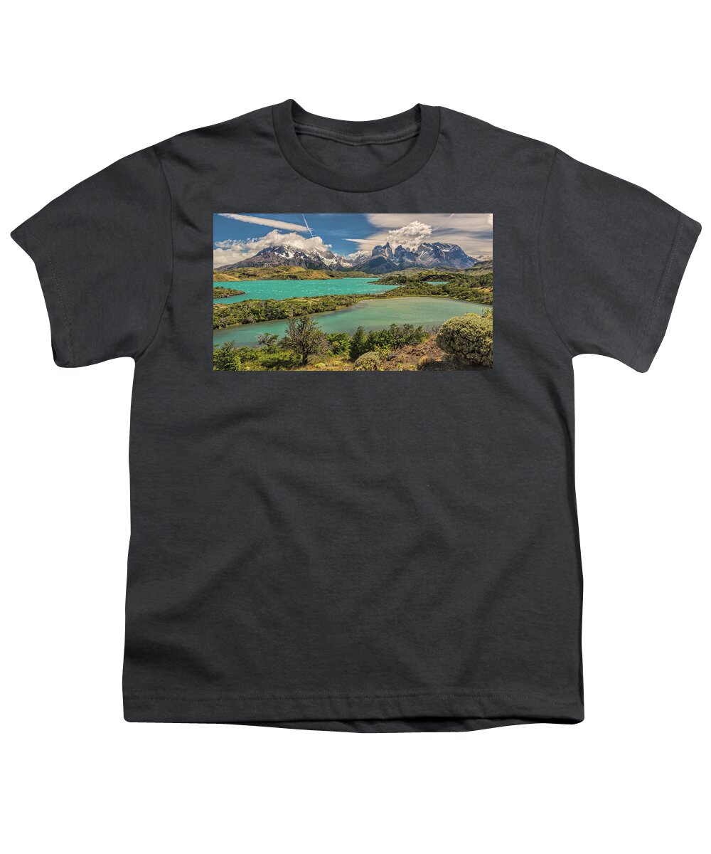 Andes Youth T-Shirt featuring the photograph Nordenskjold lake view Paine Grande los Cuernos and Monte Almi by Henri Leduc