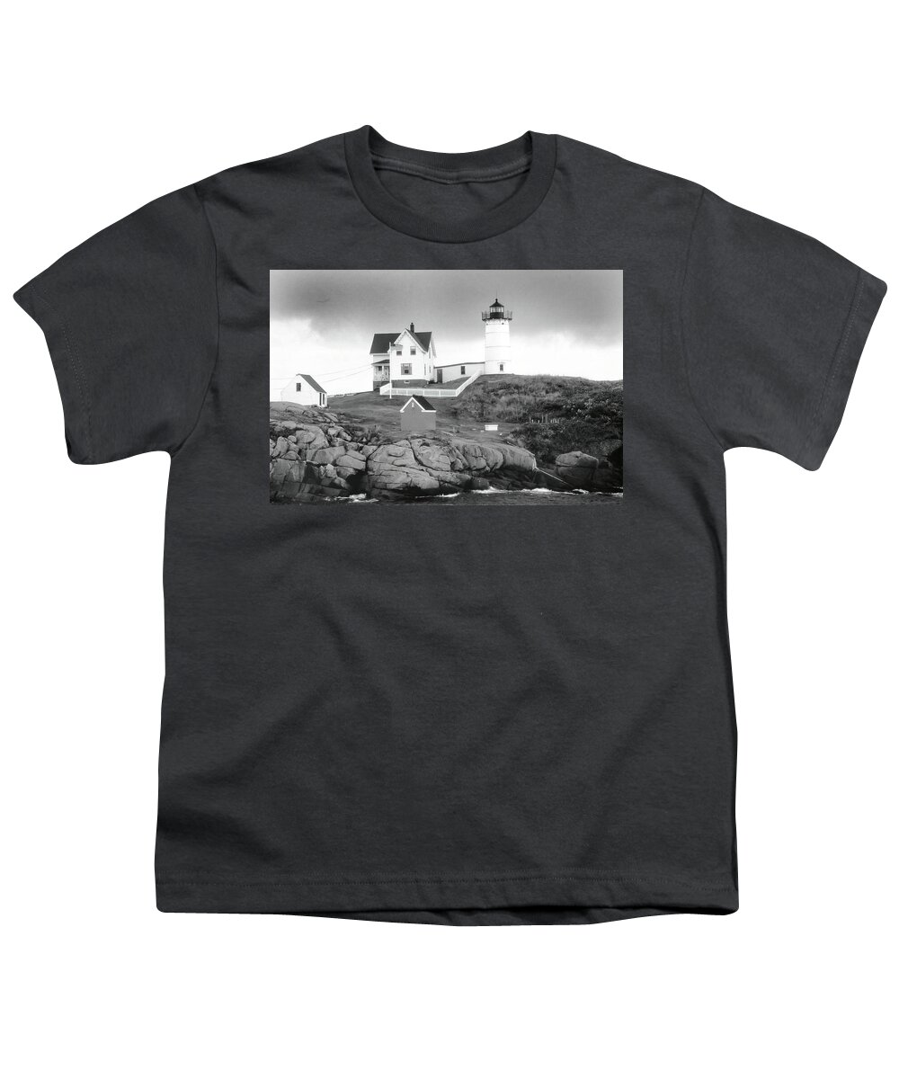 Maine Youth T-Shirt featuring the photograph Nubble Light, Maine in Monochrome by Jerry Griffin