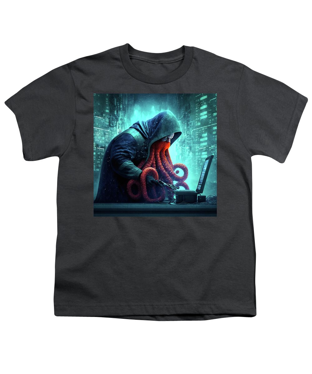 Programmer Youth T-Shirt featuring the digital art Octopus Hacker writing Code 03 by Matthias Hauser