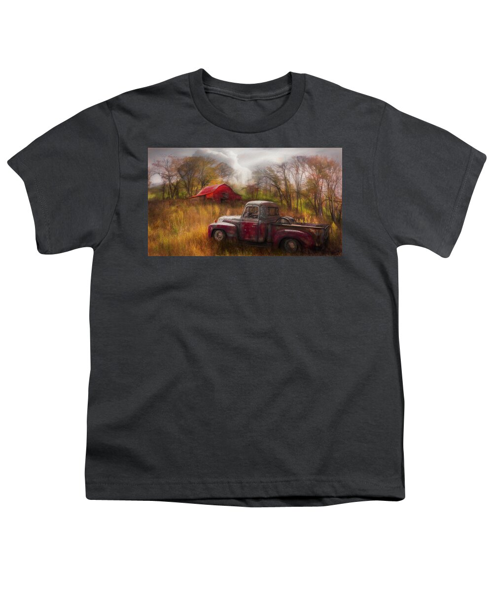 Barns Youth T-Shirt featuring the photograph Old Rusty Truck along the Autumn Backroads Painting by Debra and Dave Vanderlaan