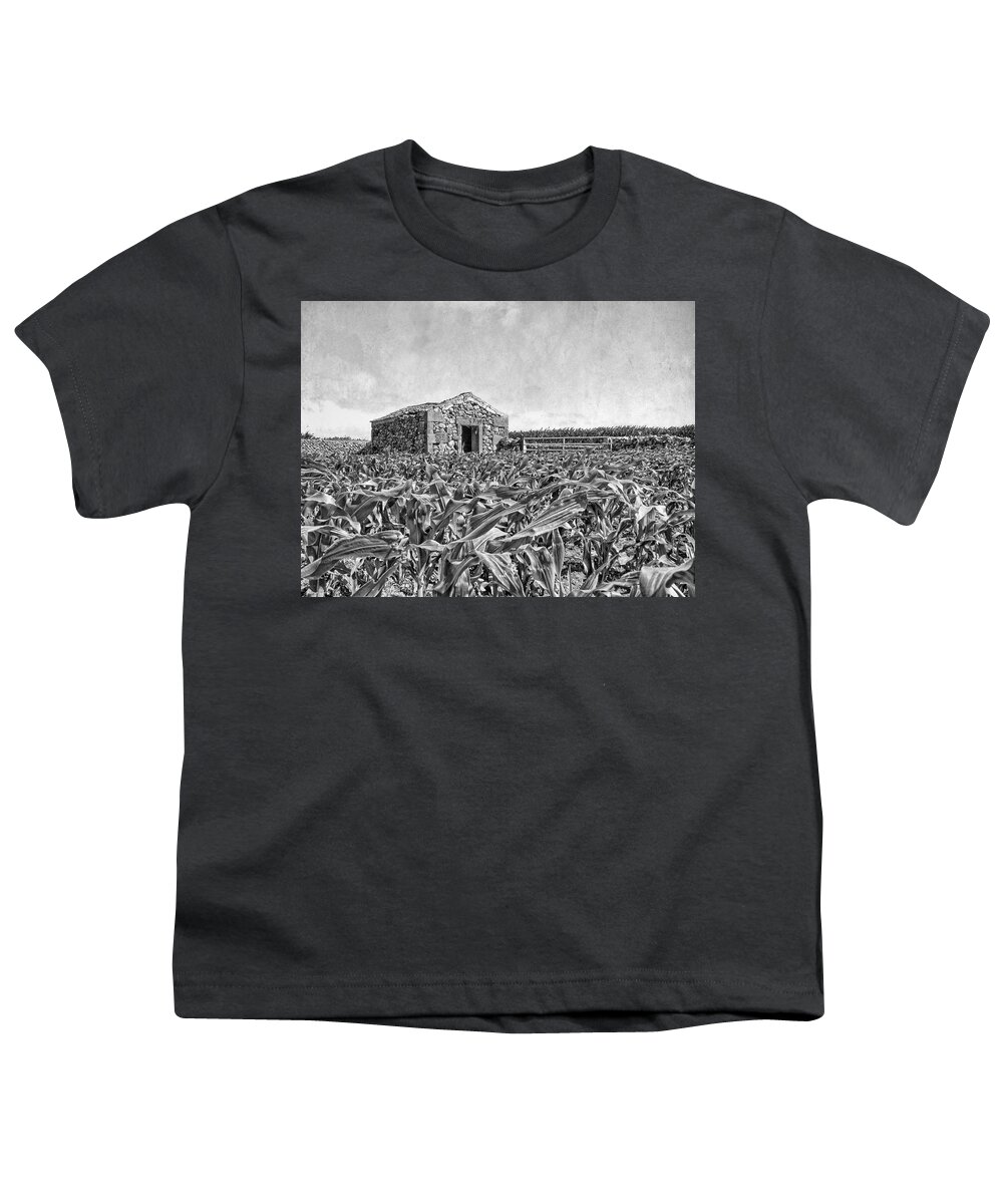 Landscape Youth T-Shirt featuring the photograph Old stone barn in agricultural cornfield in the Azores countryside by Marco Sales