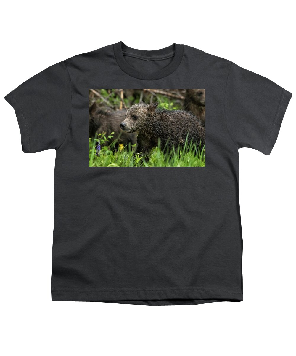Grizzly Bear Youth T-Shirt featuring the photograph One Wet Little Bear Cub - Grizzly 399's Cub by Belinda Greb