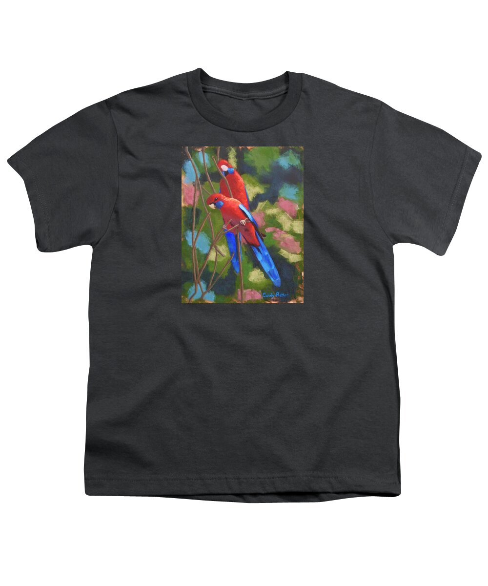 Outback Youth T-Shirt featuring the painting Outback Crimson Rosellas by Candace Antonelli