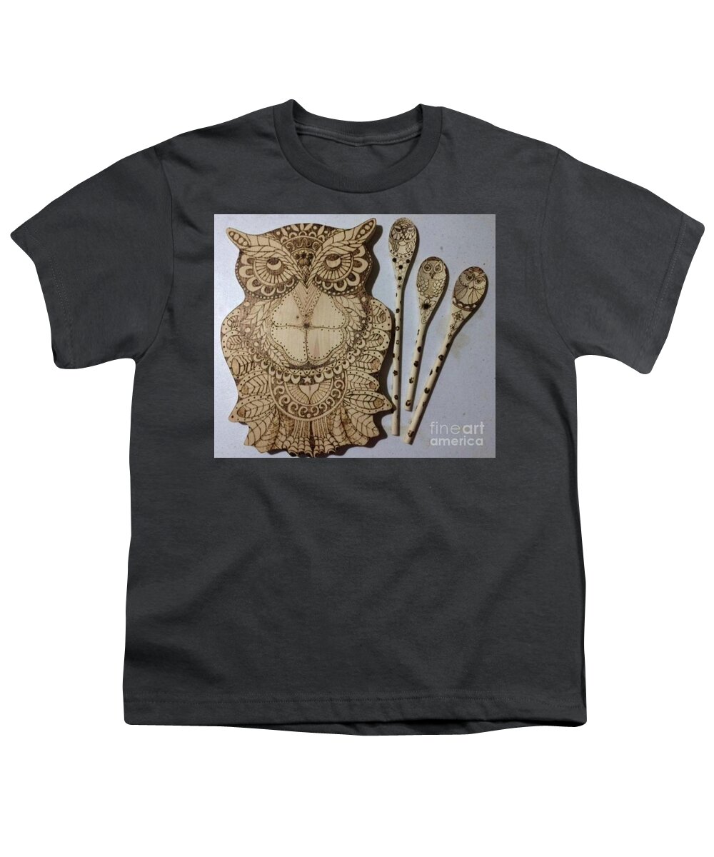 Owl Youth T-Shirt featuring the pyrography Owl and Spoons by Denise Tomasura