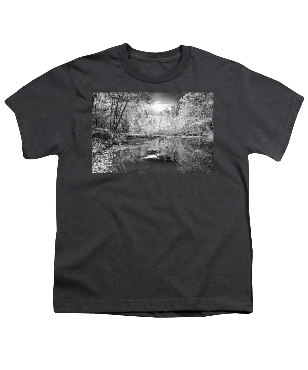 Black Youth T-Shirt featuring the photograph Peaceful Stream Black and White by Debra and Dave Vanderlaan