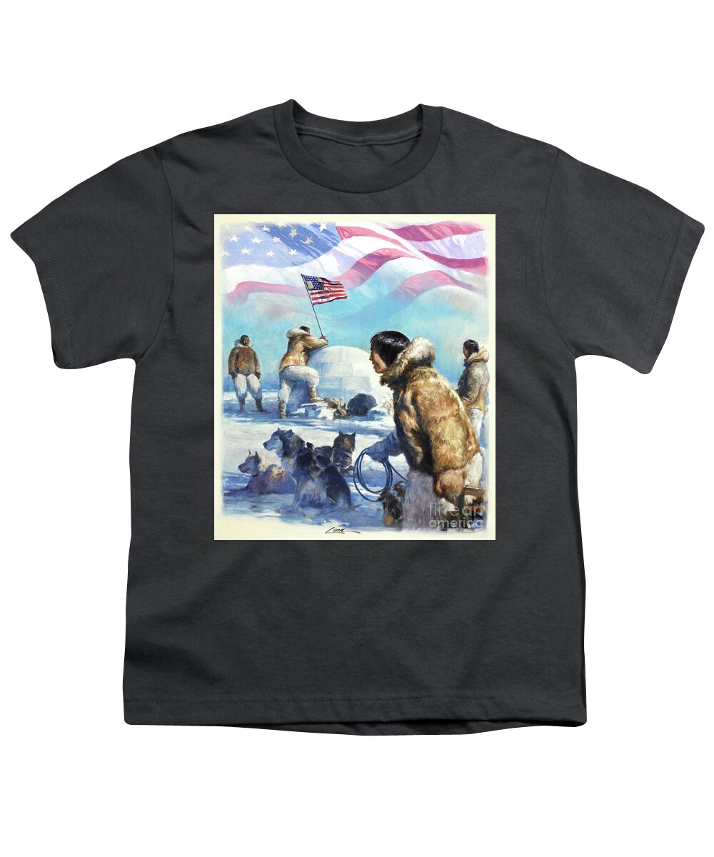 Dennis Lyall Youth T-Shirt featuring the painting Peary Plants Flag At North Pole by Dennis Lyall