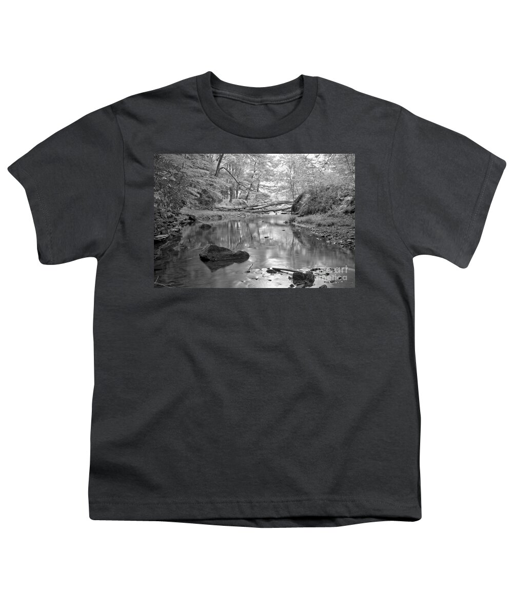 Toms Youth T-Shirt featuring the photograph Perfect Reflections In Toms Run Black And White by Adam Jewell