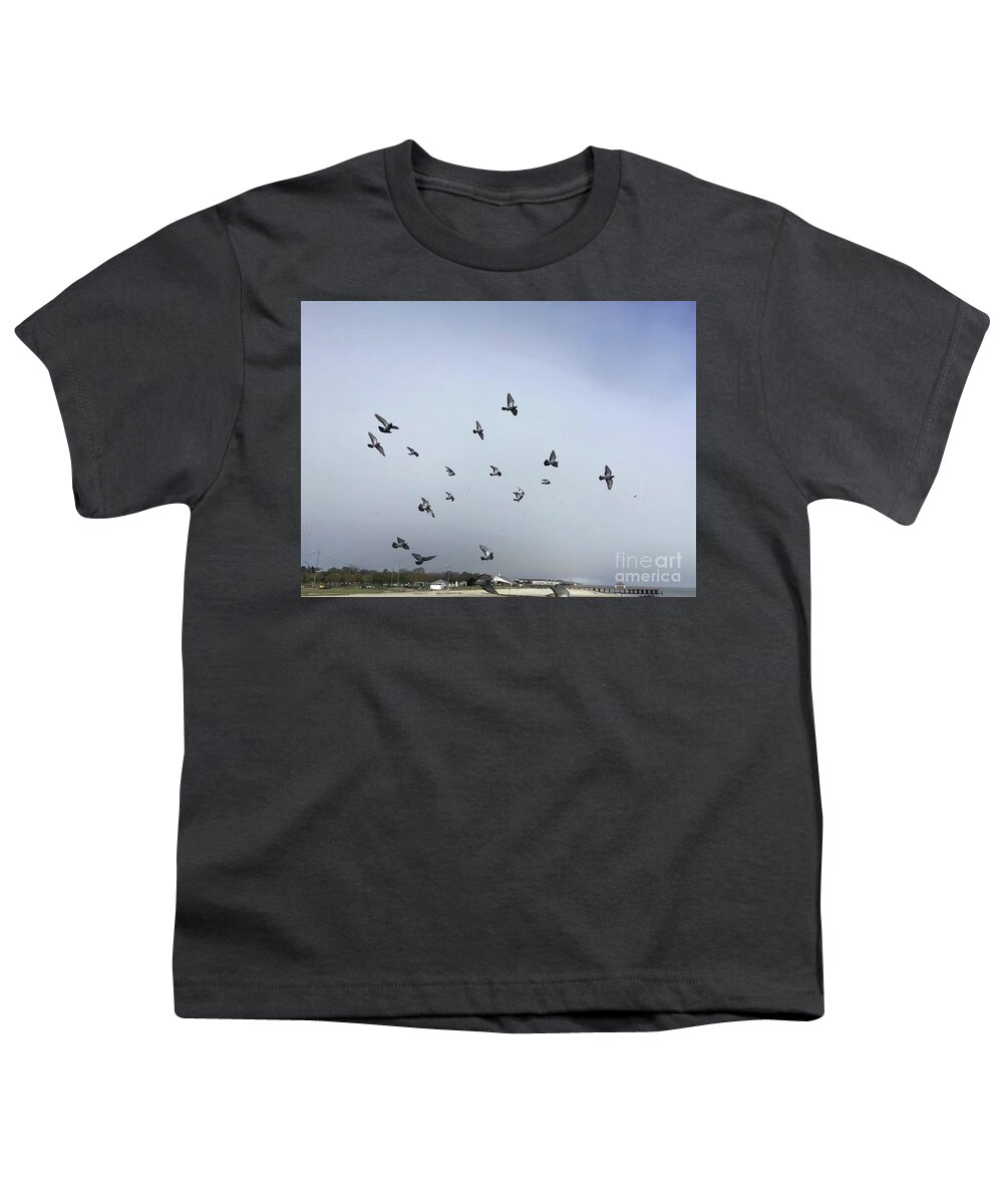 Pigeons Youth T-Shirt featuring the photograph Pigeons at the Beach by Catherine Wilson