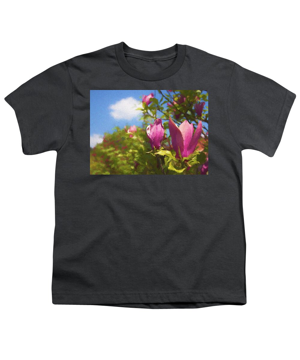 Magnolia Flowers Youth T-Shirt featuring the mixed media Pink Magnolias by Tatiana Travelways