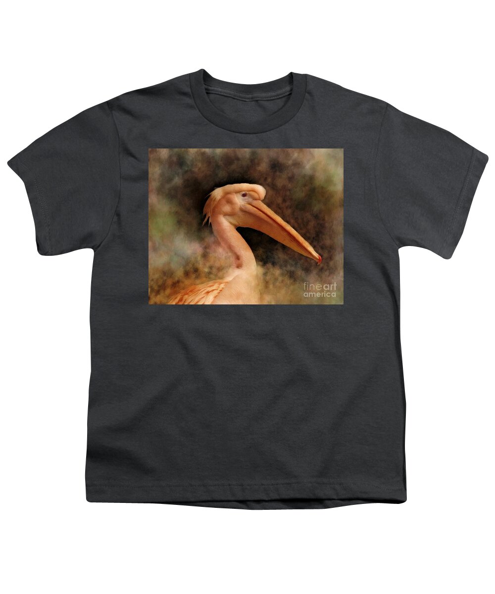 Pelican Youth T-Shirt featuring the mixed media Pink Pelican Bird 81 by Lucie Dumas