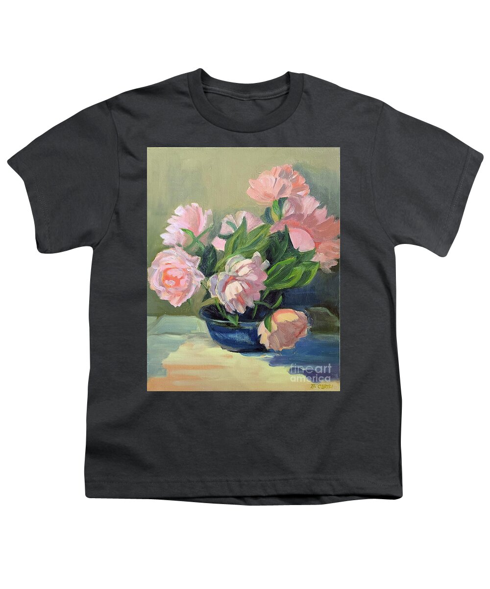Floral Still Life Youth T-Shirt featuring the painting Pink Peonies in Blue Bowl by Barbara Oertli