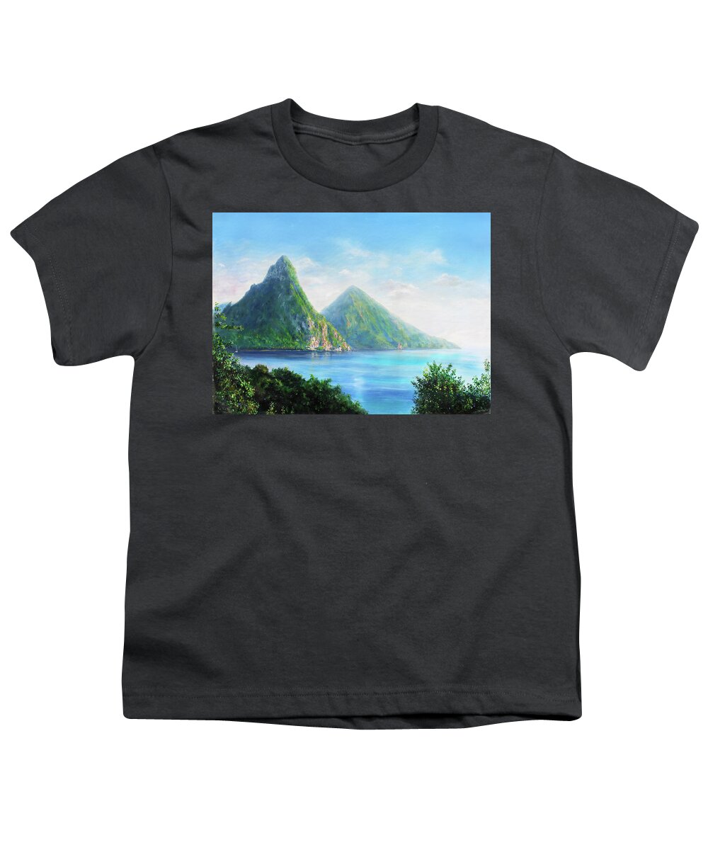 Saint Lucia. Pitons Youth T-Shirt featuring the painting Pitons- early afternoon by Jonathan Guy-Gladding JAG