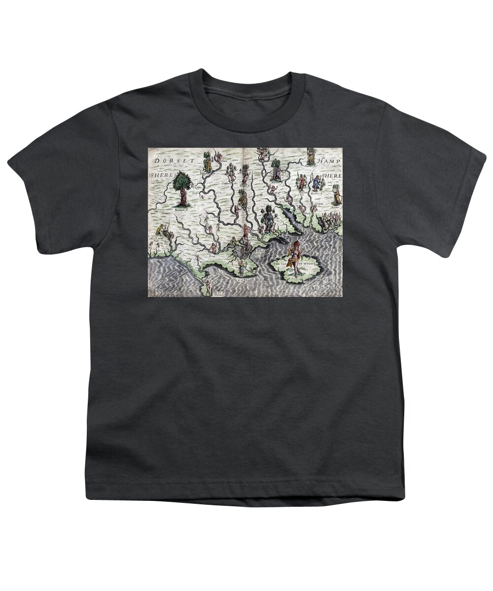 1622 Youth T-Shirt featuring the drawing Poly-Olbion - Map of Dorset and Hampshire, England by Michael Drayton