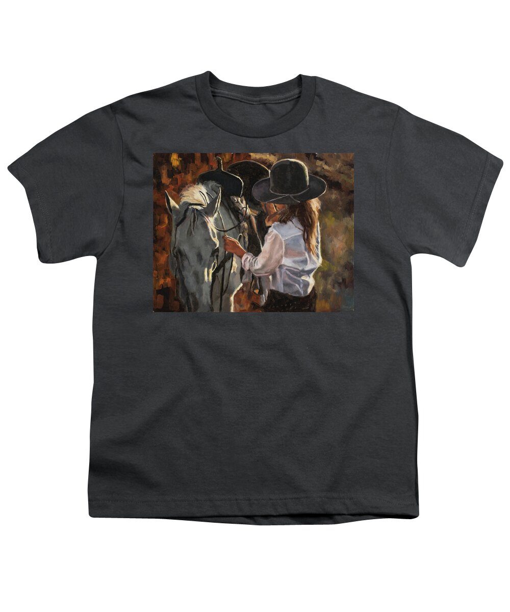 Cowgirl Youth T-Shirt featuring the painting Prepping for a ride by Tate Hamilton