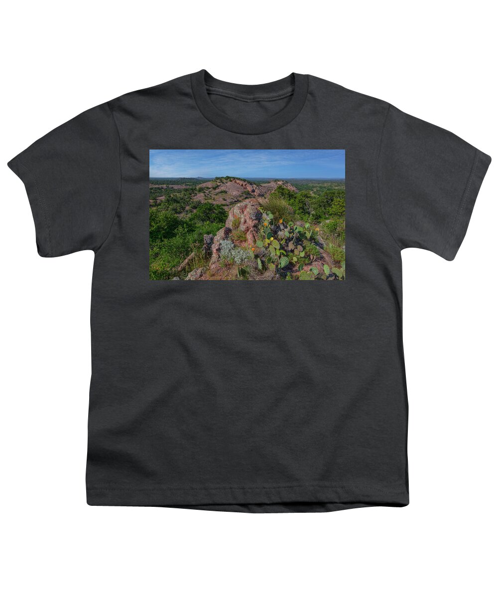 Turkey Peak Youth T-Shirt featuring the photograph Prickly Pear Blooms at Enchanted Rock 2 by Rob Greebon