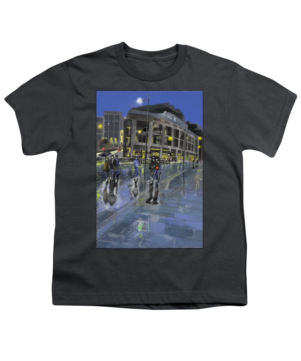 #cityscape #nighttimeshot #watercolor #rebelle Youth T-Shirt featuring the digital art Rainfall on The Promenade by Rob Hartman
