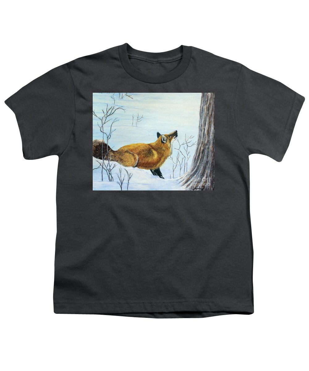 Fox Youth T-Shirt featuring the painting Red Fox in the Snow by Shirley Dutchkowski