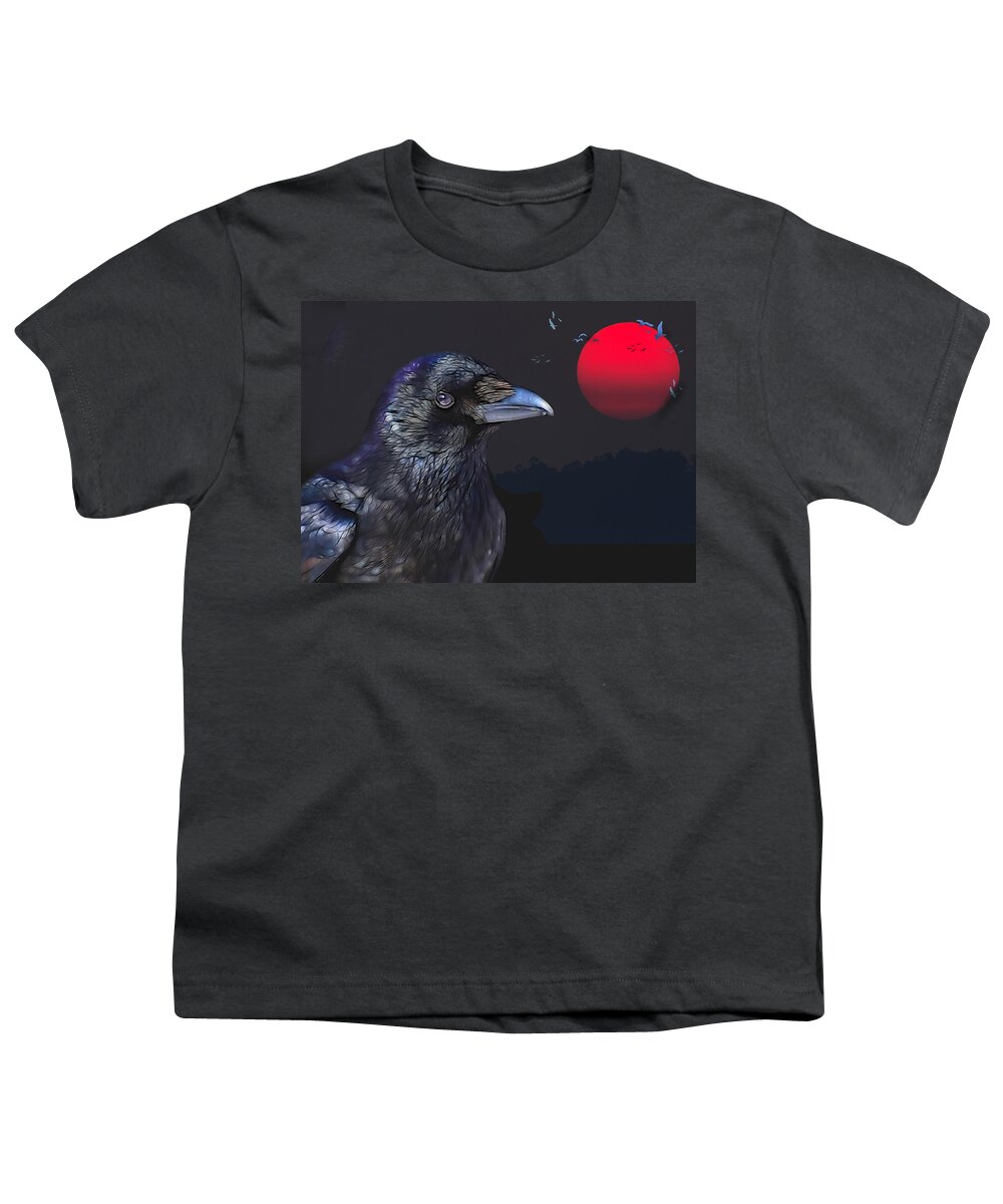 Raven Youth T-Shirt featuring the digital art Red Moon Raven by Theresa Tahara