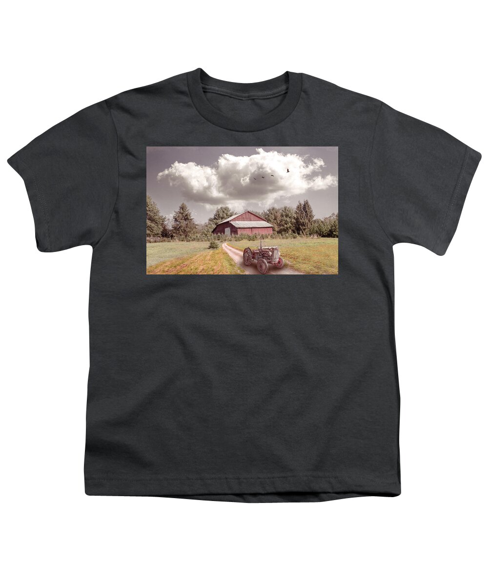 Barn Youth T-Shirt featuring the photograph Red Tractor on the Farmhouse Trail by Debra and Dave Vanderlaan