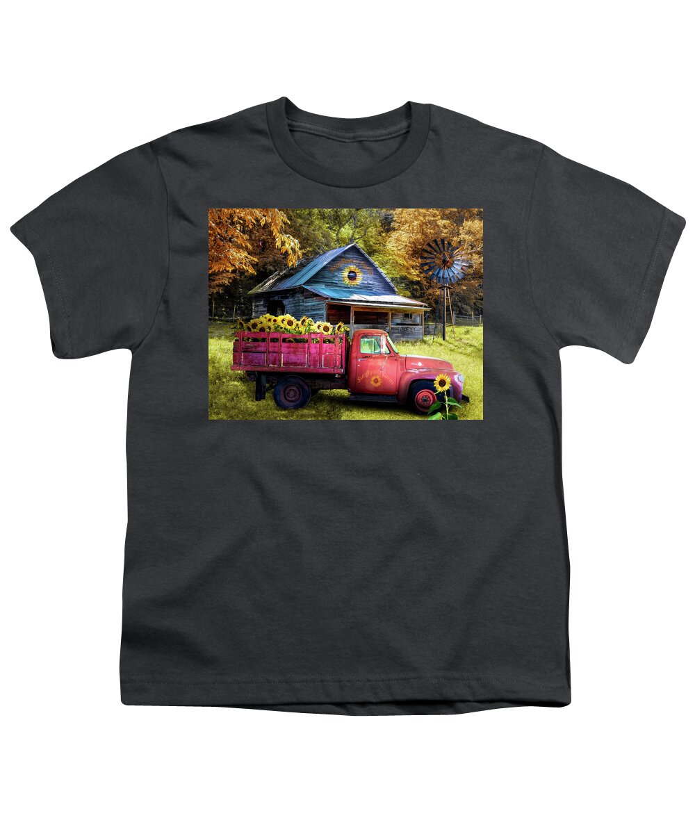 Red Youth T-Shirt featuring the photograph Red Truck at the Sunflower Farm by Debra and Dave Vanderlaan