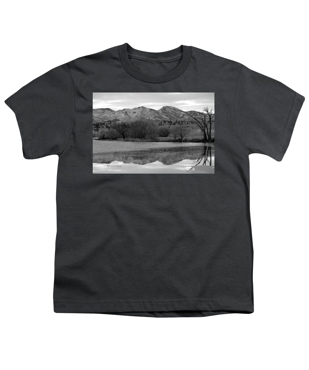 Black And White Youth T-Shirt featuring the photograph Reflections in Icy Waters BW by Kae Cheatham