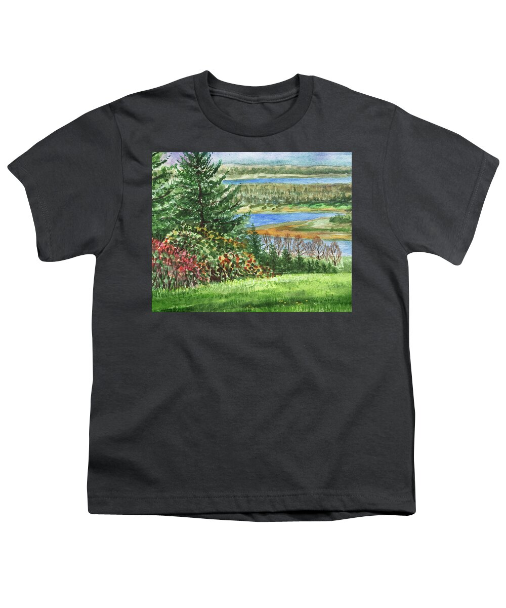Rever Bank Youth T-Shirt featuring the painting Riverbank Watercolor Landscape by Irina Sztukowski