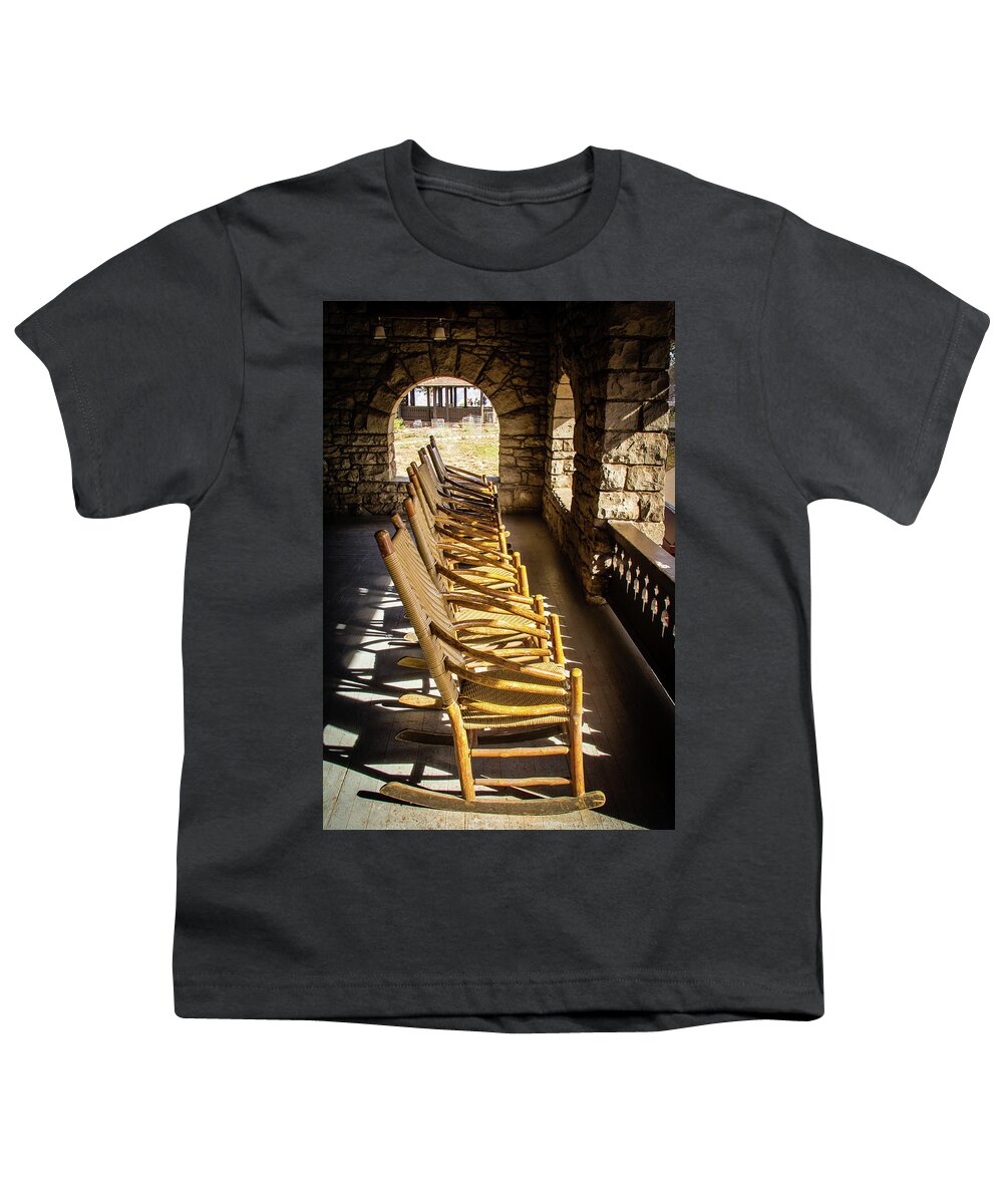 Canyon Youth T-Shirt featuring the photograph Rocking chairs on the El Tovar porch by Craig A Walker
