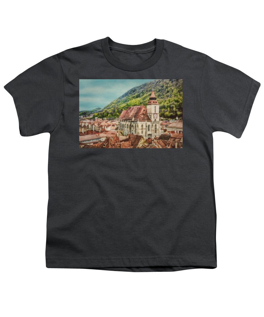 Brasov Youth T-Shirt featuring the painting Rooftops of Brasov by Jeffrey Kolker