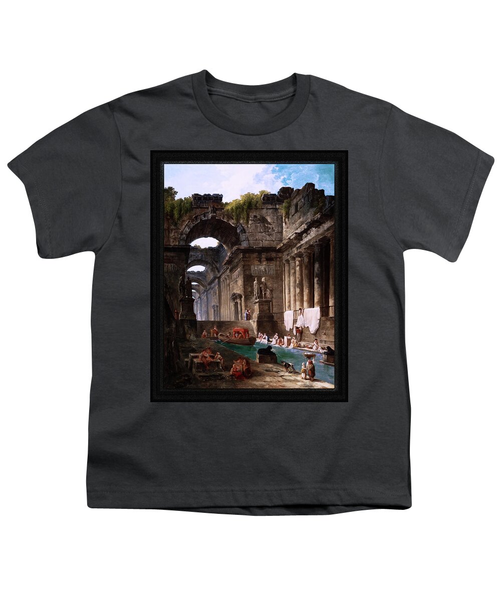 Ruins Of A Roman Bath With Washerwomen Youth T-Shirt featuring the painting Ruins Of A Roman Bath With Washerwomen by Hubert Robert Remastered Xzendor7 Reproductions by Xzendor7