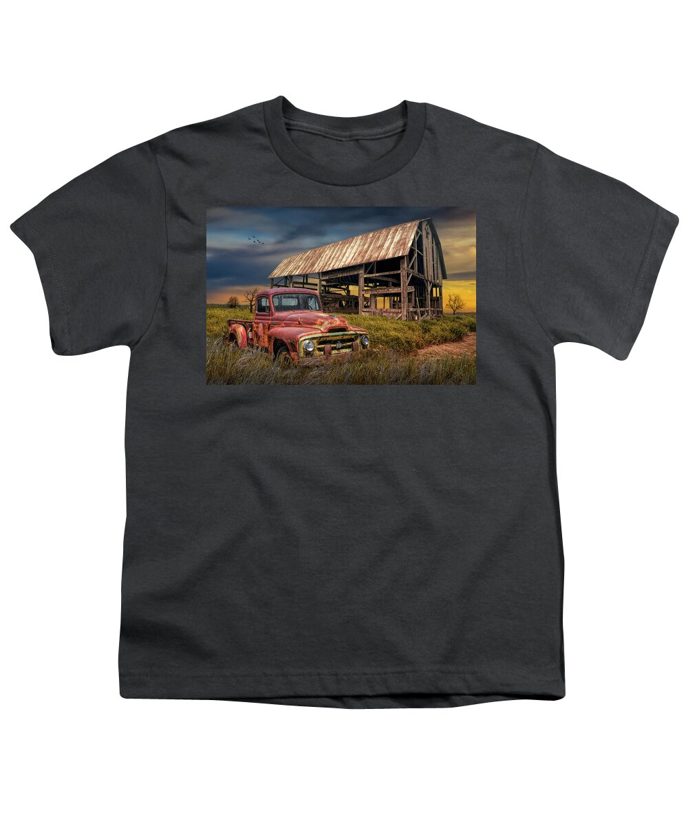 Harvester Youth T-Shirt featuring the photograph Rusted International Harvester Pickup Truck with Weathered Barn by Randall Nyhof