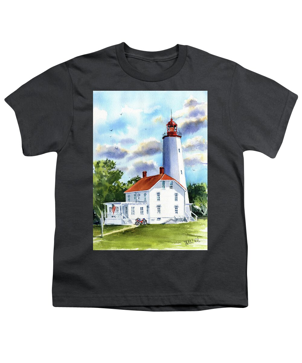 New Jersey Youth T-Shirt featuring the painting Sandy Hook Lighthouse in New Jersey by Dora Hathazi Mendes