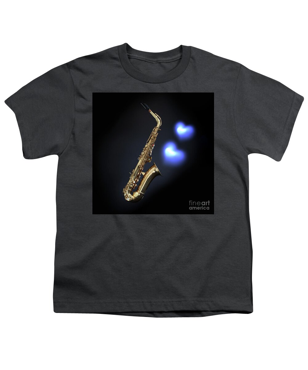 Saxophone Youth T-Shirt featuring the photograph Saxophone on black with blues hearts by Simon Bratt