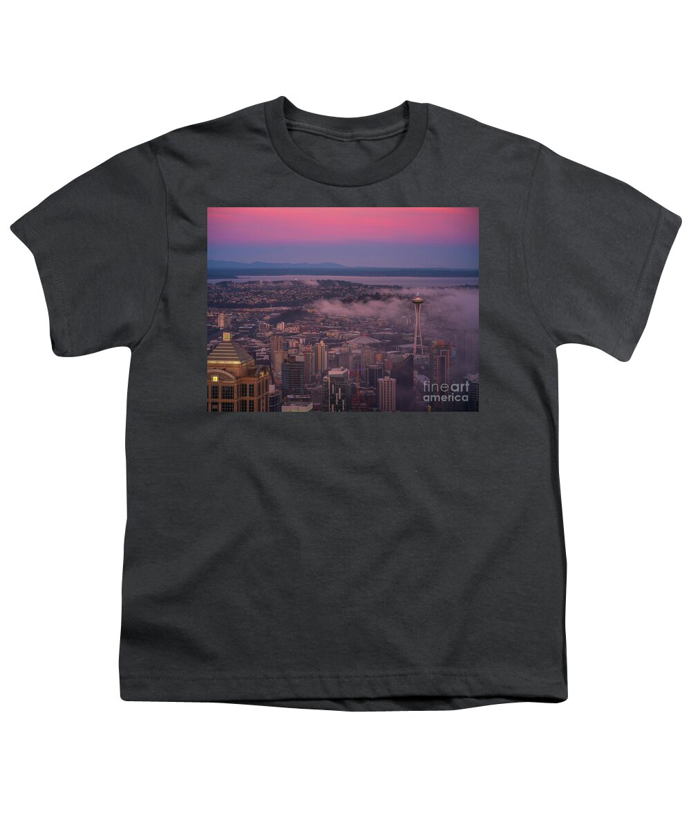 Seattle Youth T-Shirt featuring the photograph Seattle Skyline Sunrise Light from Above by Mike Reid