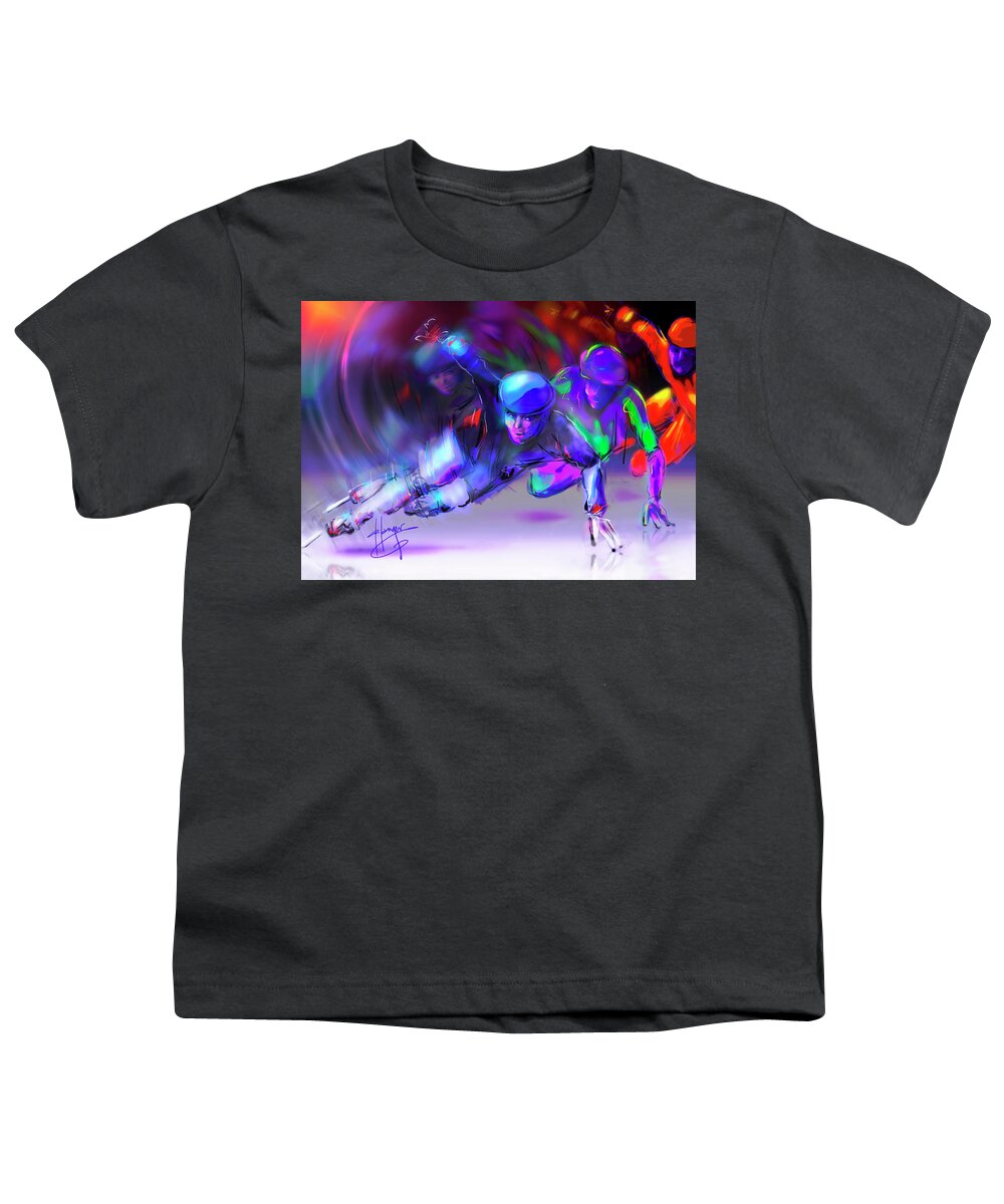 Ice Skating Youth T-Shirt featuring the painting Short Track by DC Langer