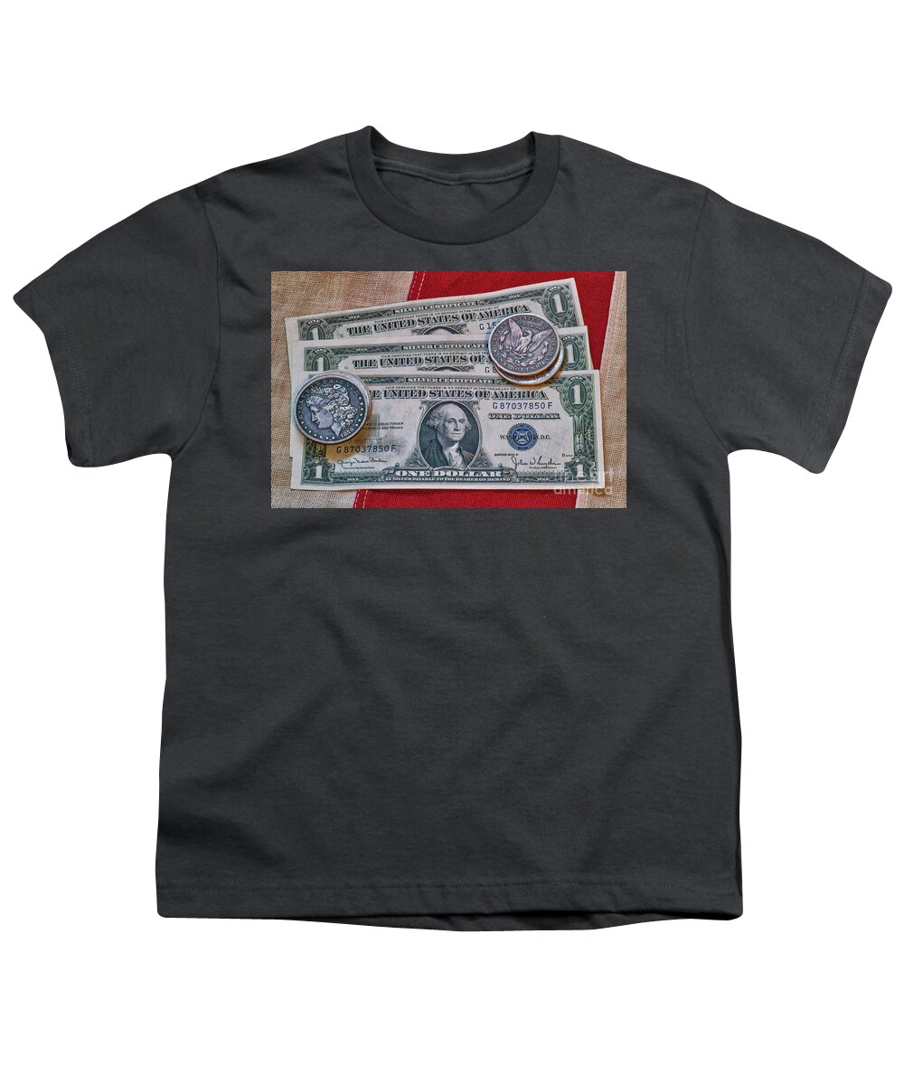 Silver Certificate And Silver Dollars On Flag Youth T-Shirt featuring the photograph Silver Certificate and Silver Dollars on Flag by Randy Steele