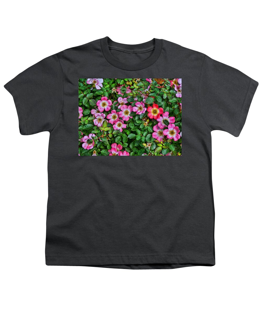 Simply Sally Youth T-Shirt featuring the photograph Simply Sally Minature Rose Bush by Allen Beatty