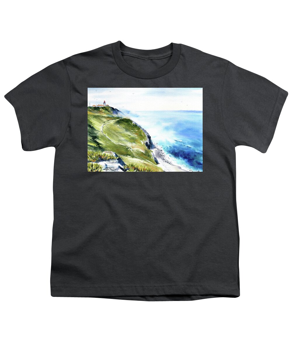 Portugal Youth T-Shirt featuring the painting Sintra Cabo Da Roca Lighthouse Portugal by Dora Hathazi Mendes